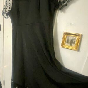Source Unknown Black Dress with Sheer Polka Dot Sleeves